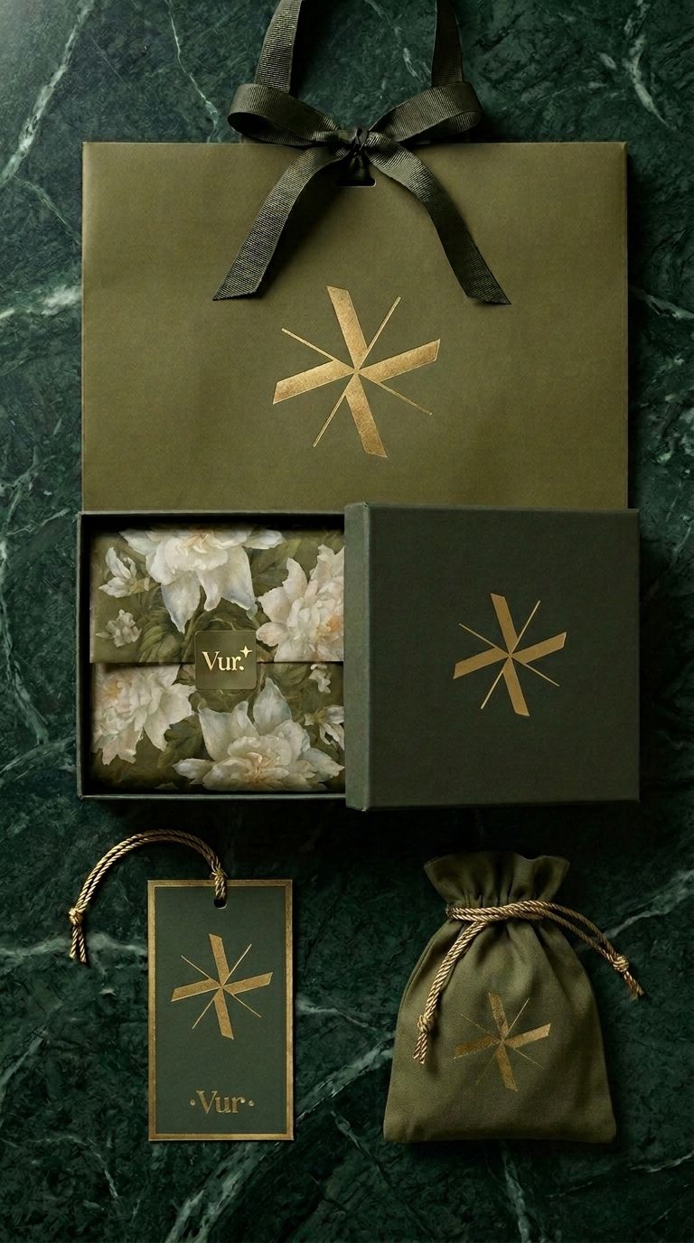 Embalagem Vur em verde escuro com monograma dourado
