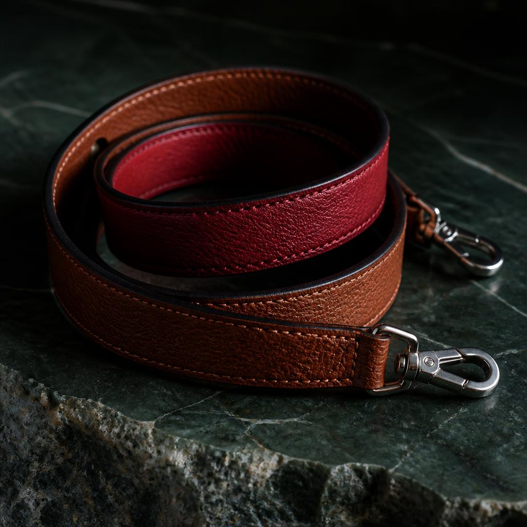 Detalhe do couro dupla face vermelho e marrom com ferragem prata